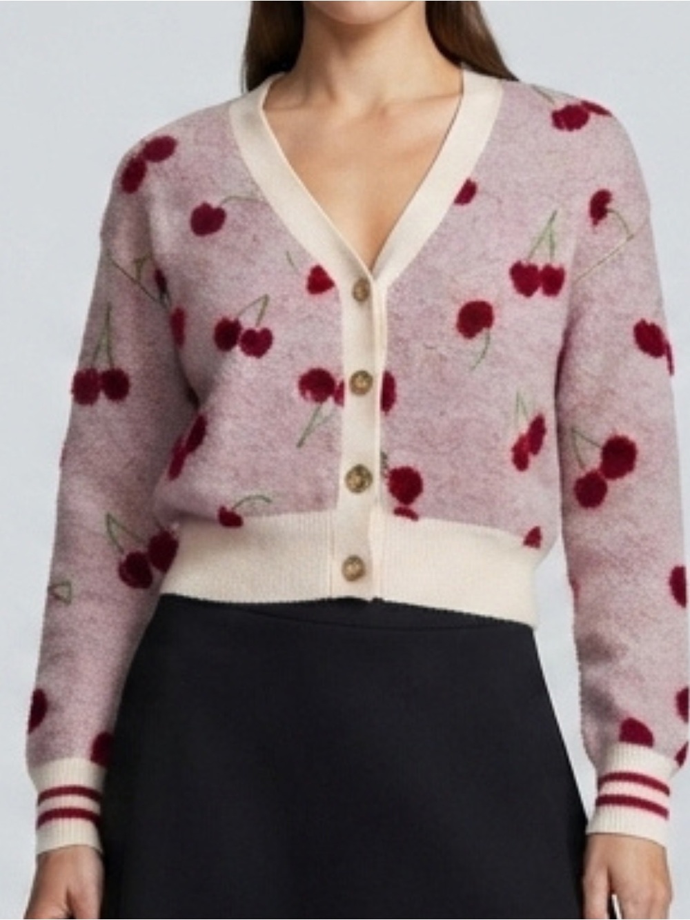 🍒Girlish, XS Dark Cherry, Pink/Burgundy, Fuzzy Cherry, Knit Cardigan Y2K 🍒